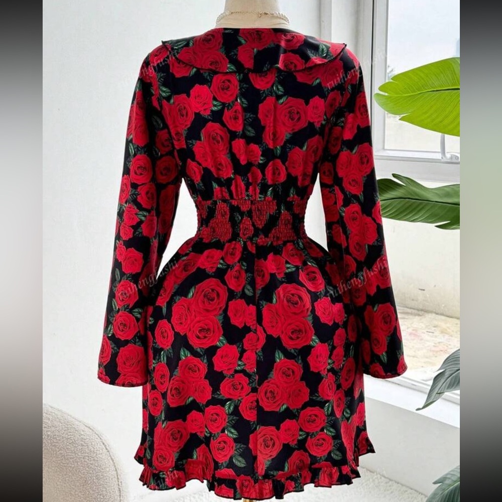 Women's Romantic Rose Print Ruffle Splice Bell Vintage Dress Valentine's Day - Picture 4 of 4